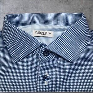 Collars & Co Polo Shirt Mens XL Navy Blue Houndstooth Dress Collar Preppy NEW